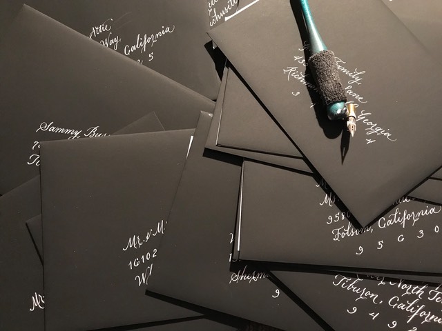 Black Envelopes with Silver Ink Calligraphy